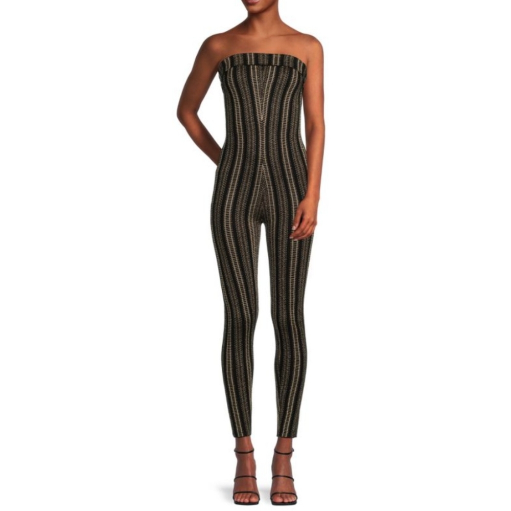 Reiss Bandeau Jumpsuit Large Gold and Black Knit Stretch Fitted Striped Zip Up